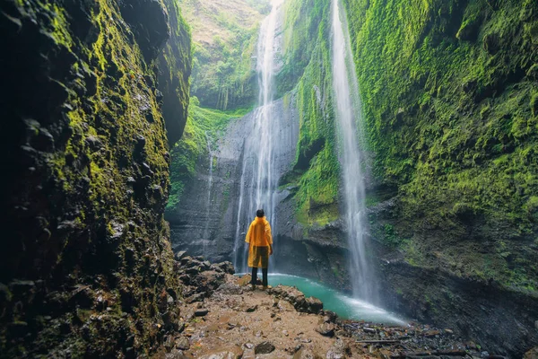 Un touriste heureux regardant la cascade Madakaripura. Le plus grand — Photo