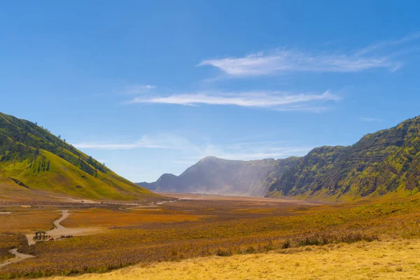 Žluté pole s horami. Bromo Savanna zelený kopec v NAT — Stock fotografie
