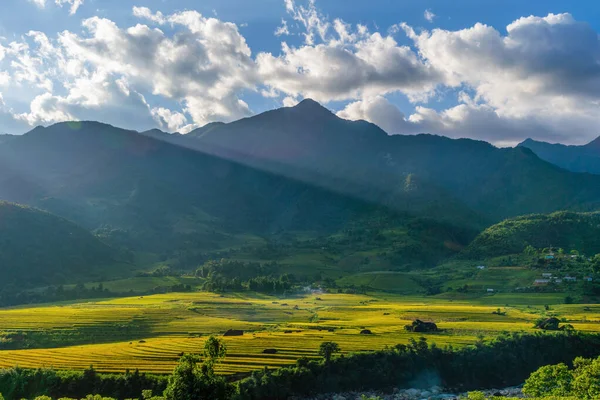 Fansipan montanha colinas vale no verão com arroz paddy terraço — Fotografia de Stock