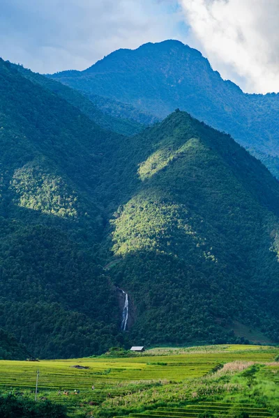 Fansipan berg kullar dal på sommaren med paddyris terrass — Stockfoto