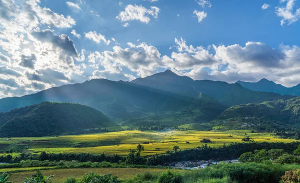 Fansipan vallée des collines de montagne en été avec terrasse de riz paddy — Photo