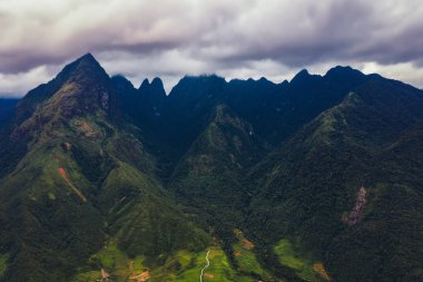 Çeltik pirinç teraslı Fansipan dağlarının havadan görünüşü, 