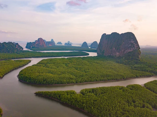 Aerial top view of Samet Nangshe and tropical green forest trees — Stock Photo, Image