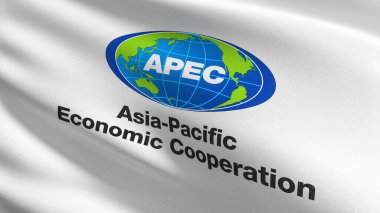 Asya Pasifik Ekonomik İşbirliği ya da APEC bayrağı. Pasifik Şeridi 'ndeki 21 üye ülke için hükümet forumu. Dalgalanan işaret sembolünün 3 boyutlu canlandırması.