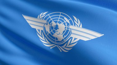 Uluslararası Sivil Havacılık Örgütü ya da ICAO bayrağı, Birleşmiş Milletler 'in özel bir ajansı. Dalgalanan işaret sembolünün 3 boyutlu canlandırması.