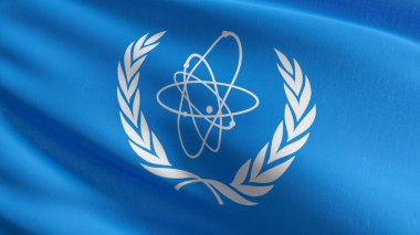 Uluslararası Atom Enerjisi Ajansı ya da IAEA bayrağı, uluslararası nükleer enerji organizasyonu. Dalgalanan işaret sembolünün 3 boyutlu canlandırması.