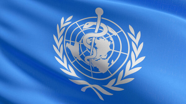 The flag of World Health Organization or WHO blowing in the wind isolated. Agency of the United Nations responsible for international public health. 3D rendering illustration of waving sign symbol.