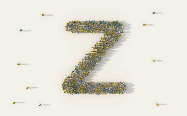 Z harfini oluşturan büyük bir grup insan, sosyal medyada büyük İngilizce alfabe metin karakteri ve beyaz arka planda topluluk kavramı. Yukarıdan gelen 3D kalabalık resminin sembolü