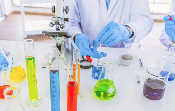 Scientist Working Colorful Test Tube Analysis Develop Vaccine Covid Virus — Stock Photo, Image