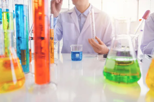 Scientist Working Colorful Test Tube Analysis Develop Vaccine Covid Virus — Stock Photo, Image