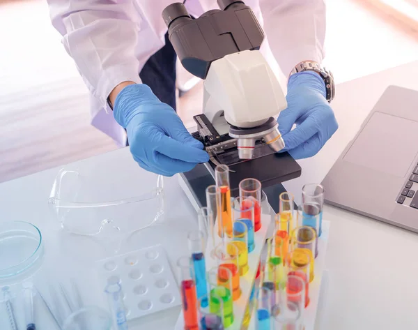 Scientist Working Colorful Test Tube Analysis Develop Vaccine Covid Virus — Stock Photo, Image