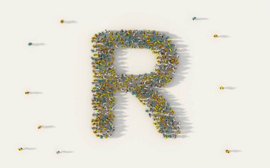 R harfini oluşturan büyük bir grup insan, sosyal medyada büyük harfli İngilizce alfabe metin karakteri ve beyaz arka planda topluluk kavramı. Yukarıdan gelen 3D kalabalık resminin sembolü