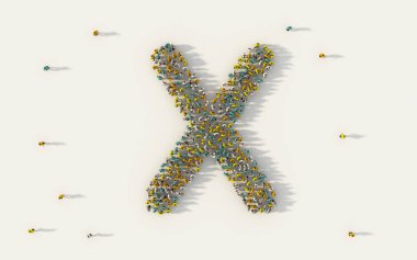 X harfini oluşturan büyük bir grup insan, sosyal medyada büyük İngilizce alfabe metin karakteri ve beyaz arka planda topluluk kavramı. Yukarıdan gelen 3D kalabalık resminin sembolü