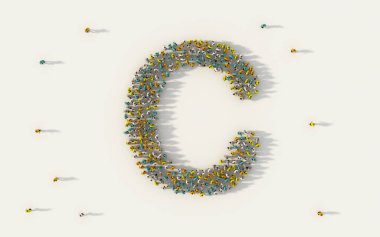 C harfini oluşturan büyük bir grup insan, sosyal medyada büyük İngilizce alfabe metni karakteri ve beyaz arka planda topluluk kavramını oluşturuyor. Yukarıdan gelen 3D kalabalık resminin sembolü