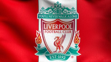 İngiltere 'de rüzgârda dalgalanan Liverpool bayrağı izole edildi. Liverpool Futbol Kulübü Premier Ligi amblemi için kırmızı kuş. Futbol konseptinde şampiyon. 3 boyutlu illüstrasyon. Spor takımı oyunu.