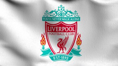 İngiltere 'de rüzgârda dalgalanan Liverpool bayrağı izole edildi. Liverpool Futbol Kulübü Premier Ligi amblemi için kırmızı kuş. Futbol konseptinde şampiyon. 3 boyutlu illüstrasyon. Spor takımı oyunu.