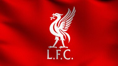 İngiltere 'de rüzgârda dalgalanan Liverpool bayrağı izole edildi. Liverpool Futbol Kulübü Premier Ligi amblemi için kırmızı kuş. Futbol konseptinde şampiyon. 3 boyutlu illüstrasyon. Spor takımı oyunu.