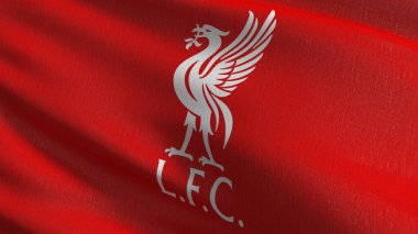 İngiltere 'de rüzgârda dalgalanan Liverpool bayrağı izole edildi. Liverpool Futbol Kulübü Premier Ligi amblemi için kırmızı kuş. Futbol konseptinde şampiyon. 3 boyutlu illüstrasyon. Spor takımı oyunu.