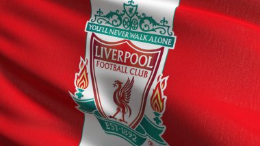 İngiltere 'de rüzgârda dalgalanan Liverpool bayrağı izole edildi. Liverpool Futbol Kulübü Premier Ligi amblemi için kırmızı kuş. Futbol konseptinde şampiyon. 3 boyutlu illüstrasyon. Spor takımı oyunu.
