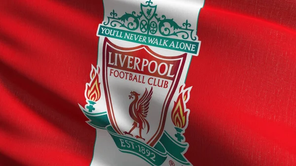 Liverpool flag blowing in the wind isolated, England. Red bird animal for the emblem of Liverpool Football Club FC Premier League. Champion winner in soccer concept. 3d illustration. Sport team game.