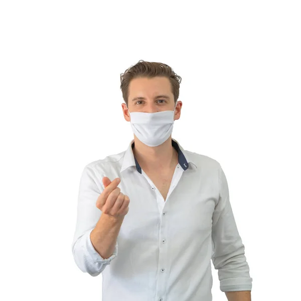 코로나 바이러스에 마스크를 남자의 개념은 배경에서 분리되어 의료용 마스크를 착용하고 — 스톡 사진
