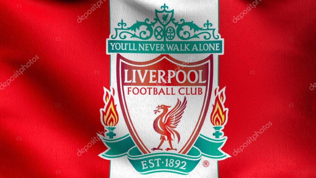 Liverpool flag blowing in the wind isolated, England. Red bird animal for the emblem of Liverpool Football Club FC Premier League. Champion winner in soccer concept. 3d illustration. Sport team game.