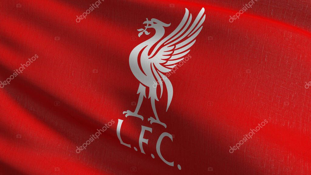 Liverpool flag blowing in the wind isolated, England. Red bird animal for the emblem of Liverpool Football Club FC Premier League. Champion winner in soccer concept. 3d illustration. Sport team game.