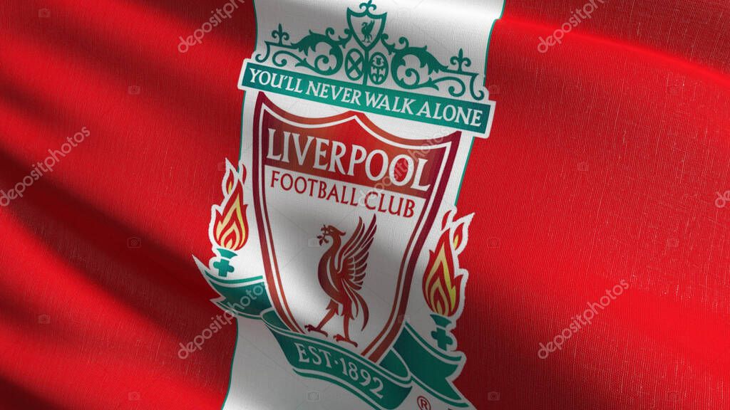 Liverpool flag blowing in the wind isolated, England. Red bird animal for the emblem of Liverpool Football Club FC Premier League. Champion winner in soccer concept. 3d illustration. Sport team game.