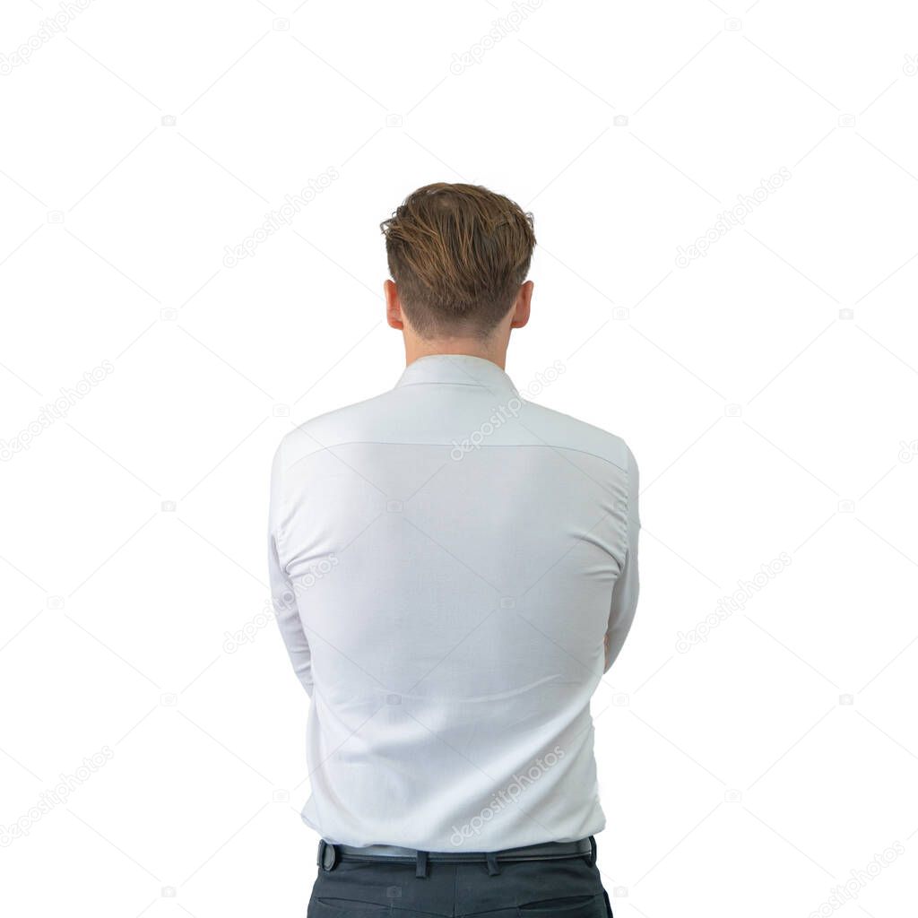 Back of business blonde, white man, Caucasian person standing isolated in fashion design concept on white background with studio lighting.