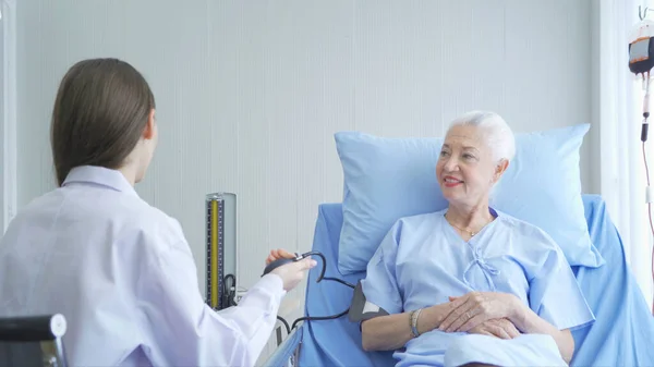 Happy Woman Doctor Checking Blood Pressure Test Sick Old Female — Stock Photo, Image