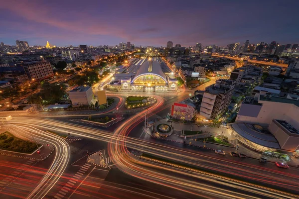 Вид Воздуха Хуа Ламфонг Железнодорожный Вокзал Бангкока Ночью Небоскребами Зданий — стоковое фото
