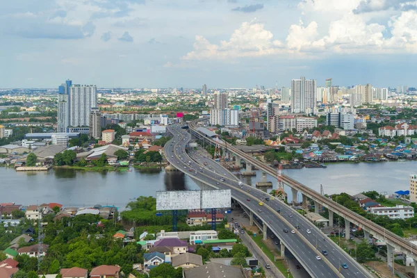 Vista Aérea Del Horizonte Del Centro Bangkok Carreteras Calles Río — Foto de Stock
