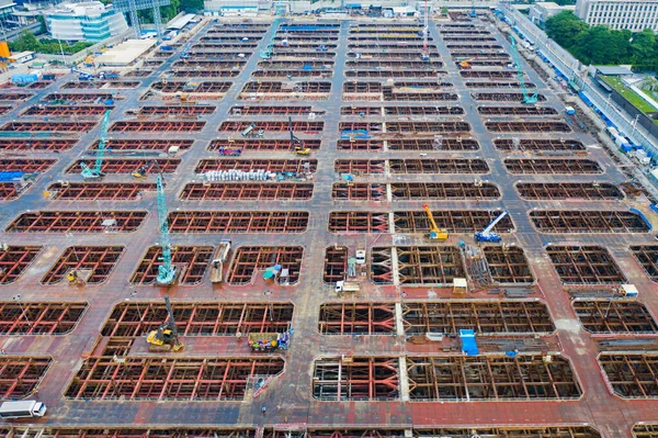 Vista Aérea Ocupado Industrial Trabalhadores Canteiros Obras Que Trabalham Com — Fotografia de Stock