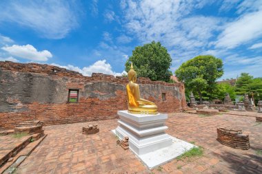 Tayland, Bangkok yakınlarındaki Phra Nakhon Si Ayutthaya ilindeki eski bir tapınağın kalıntıları. Eski tapınaktaki eski bir Buda heykeli. Ünlü turistik mekan. Tayland mimarisinin tarihi.