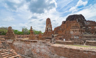 Tayland, Bangkok yakınlarındaki Phra Nakhon Si Ayutthaya ilindeki eski bir tapınağın kalıntıları. Eski tapınaktaki eski bir Buda heykeli. Ünlü turistik mekan. Tayland mimarisinin tarihi.
