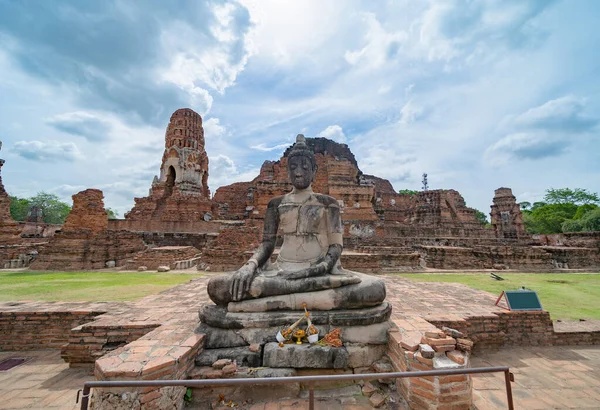 Old ruins of a temple in Phra Nakhon Si Ayutthaya province near Bangkok, Thailand. An old buddha statue in ancient temple. Famous tourist attraction landmark. History of Thai architecture.