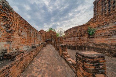 Tayland, Bangkok yakınlarındaki Phra Nakhon Si Ayutthaya ilindeki eski bir tapınağın kalıntıları. Eski tapınaktaki eski bir Buda heykeli. Ünlü turistik mekan. Tayland mimarisinin tarihi.