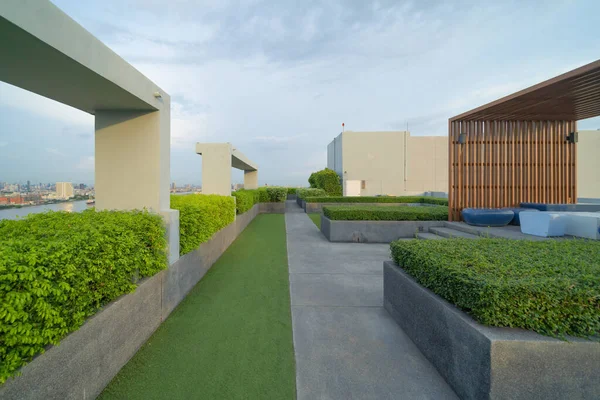 Sky garden on private rooftop of condominium or hotel, high rise architecture building with tree, grass field, and blue sky.