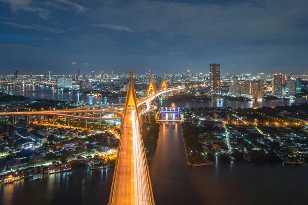 Aerial View Bhumibol Bridge Chao Phraya River Structure Suspension Architecture — Stock Photo, Image