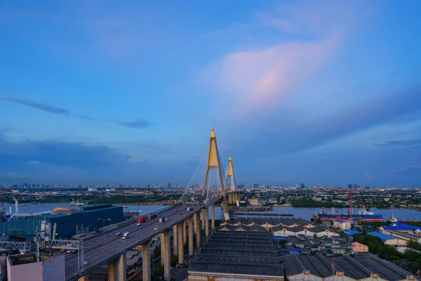 Aerial View Bhumibol Bridge Chao Phraya River Structure Suspension Architecture — Stock Photo, Image