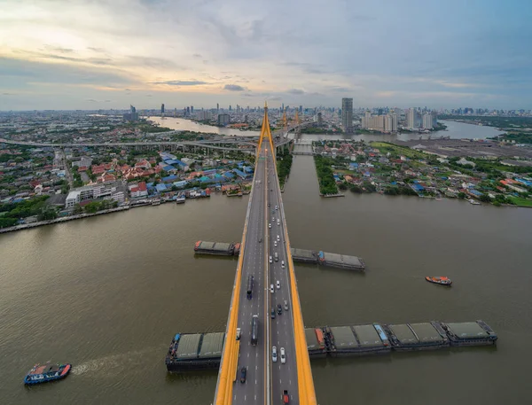 Luchtfoto Van Bhumibol Bridge Chao Phraya River Structuur Van Schorsing — Stockfoto