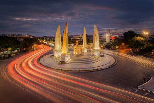 Aerial View Democracy Monument Roundabout Car Light Trails Busy Street — Stock Photo, Image
