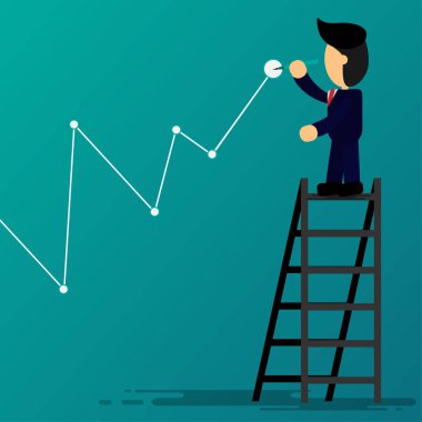 çizgi film işadamı merdiven üzerinde durmak ve grafik vektör tasarımı ile yazmak