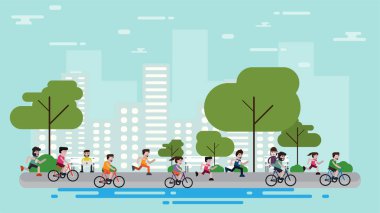 Düz tasarım egzersiz insanlarla park açık