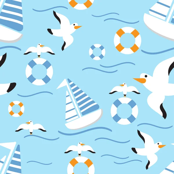 cartoon seamless pattern ship ocean sea background with vector design