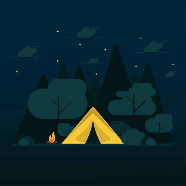 Flat Design Camping Forest Night Vector — Stock Vector