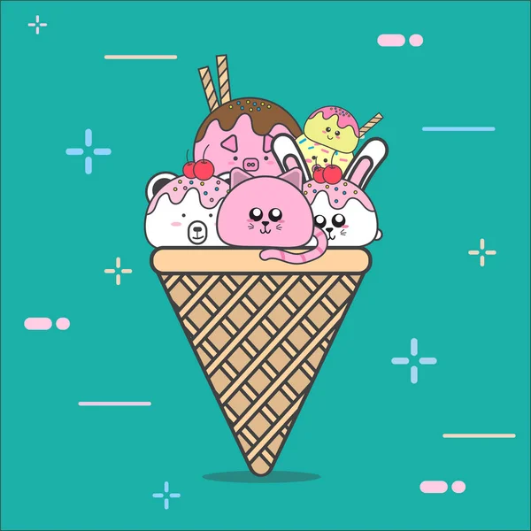 çizgi film dondurma ve karakter sevimli vektör tasarımı ile hayvan yiyecek