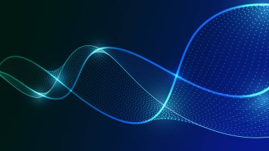Parlak çizgileri olan dinamik bir dijital dalga. Bu soyut fütüristik grafik pürüzsüz veri akışını ve teknolojik kavramları gösteriyor.
