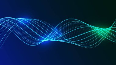 Parlak çizgileri olan dinamik bir dijital dalga. Bu soyut fütüristik grafik pürüzsüz veri akışını ve teknolojik kavramları gösteriyor.