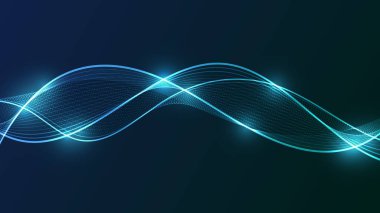Parlak çizgileri olan dinamik bir dijital dalga. Bu soyut fütüristik grafik pürüzsüz veri akışını ve teknolojik kavramları gösteriyor.